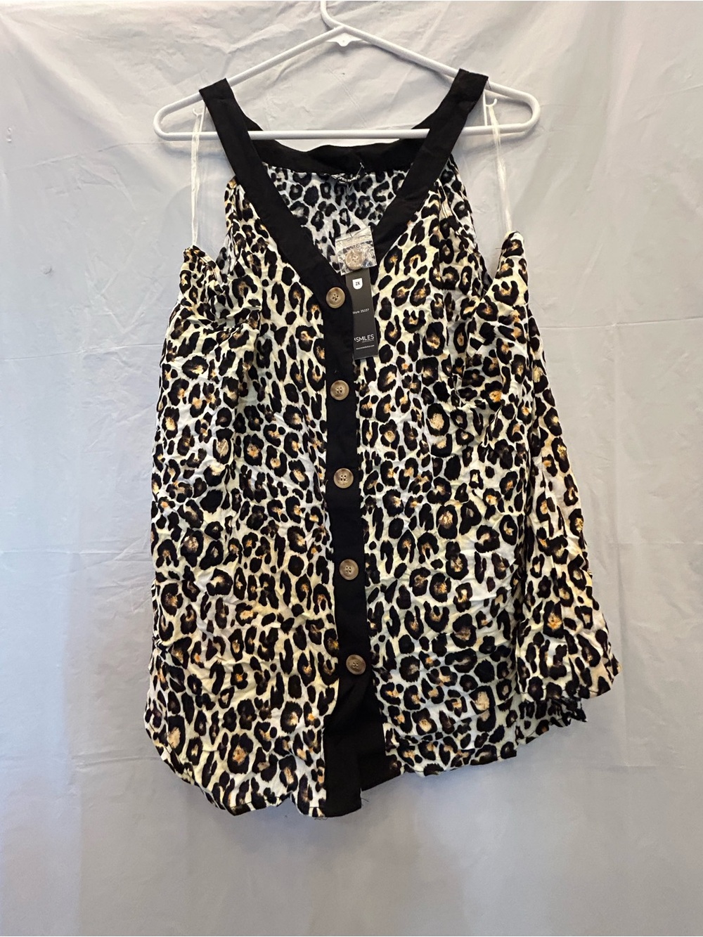 Unique Spectrum Women Leopard Print Cold-Shoulder Blouse in Black and Tan Sz 2X